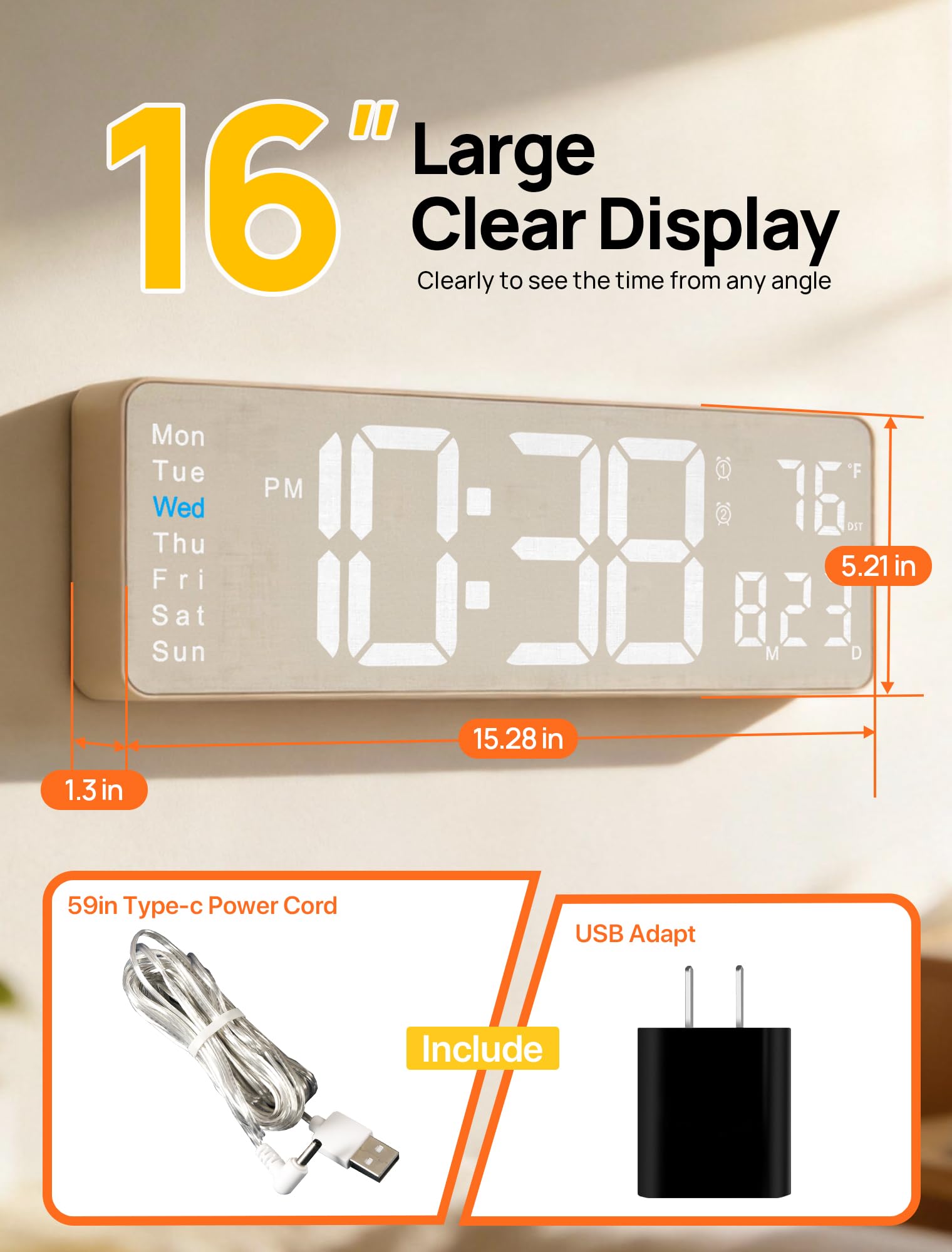 MASHI 2026 clock showing 16-inch LED display for easy readability.