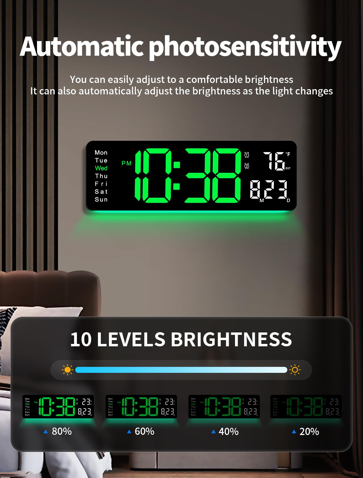 MASHI digital clock auto dimming brightness adapts to ambient light