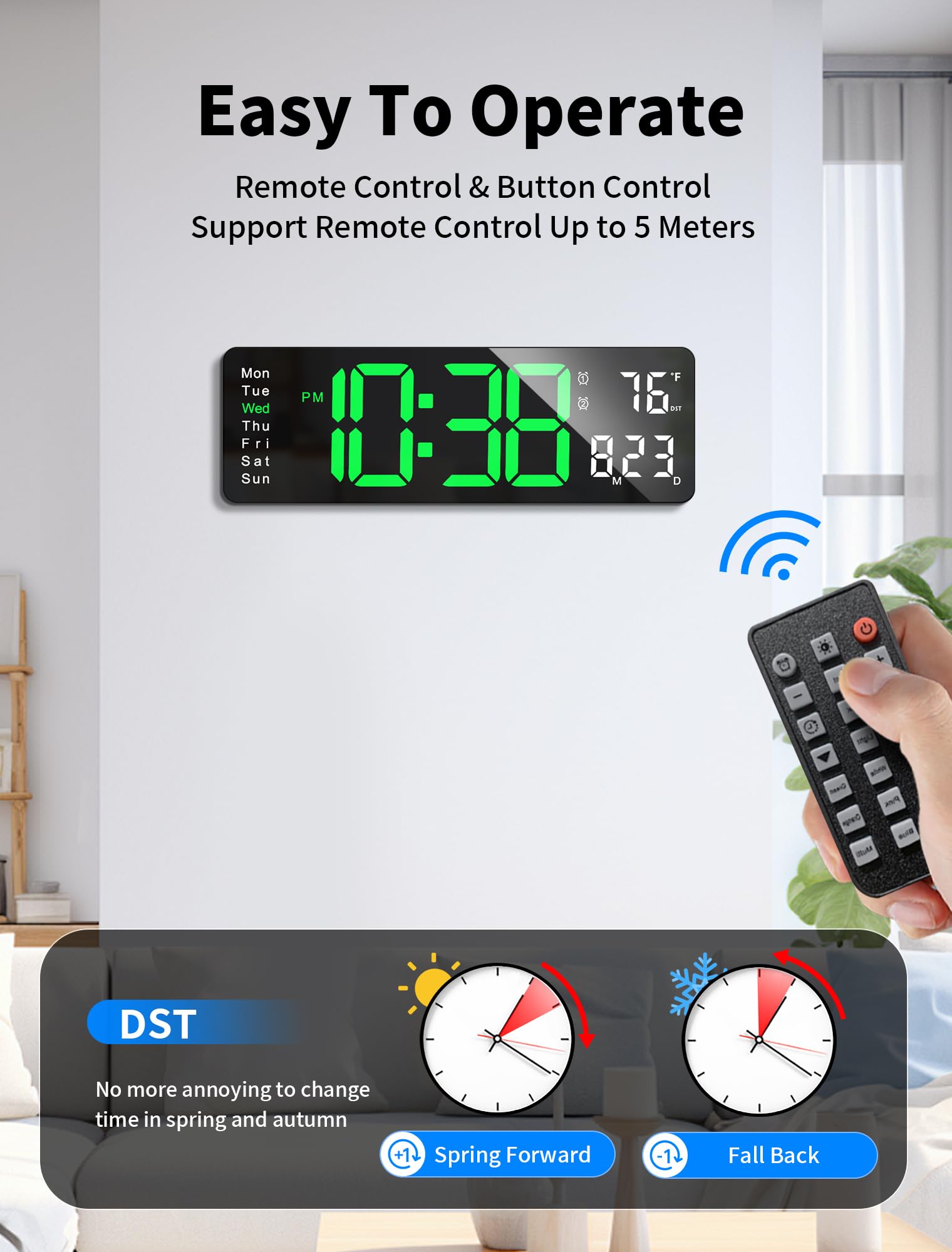 MASHI clock DST feature with long press minus button for time changes