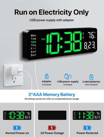 MASHI clock power adapter and long 11.5 ft cable included