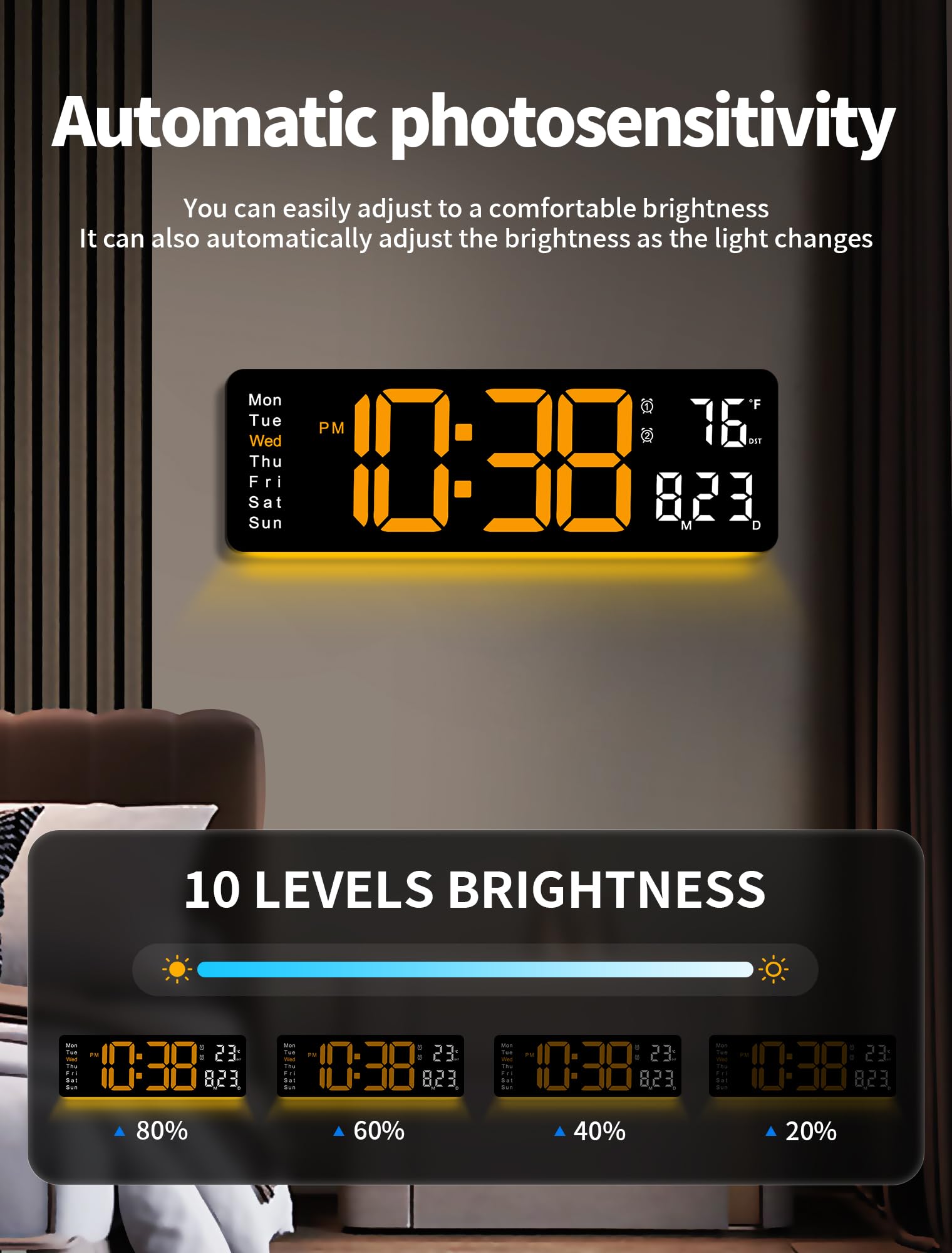 MASHI auto-dimming sensor adapts brightness for comfort.