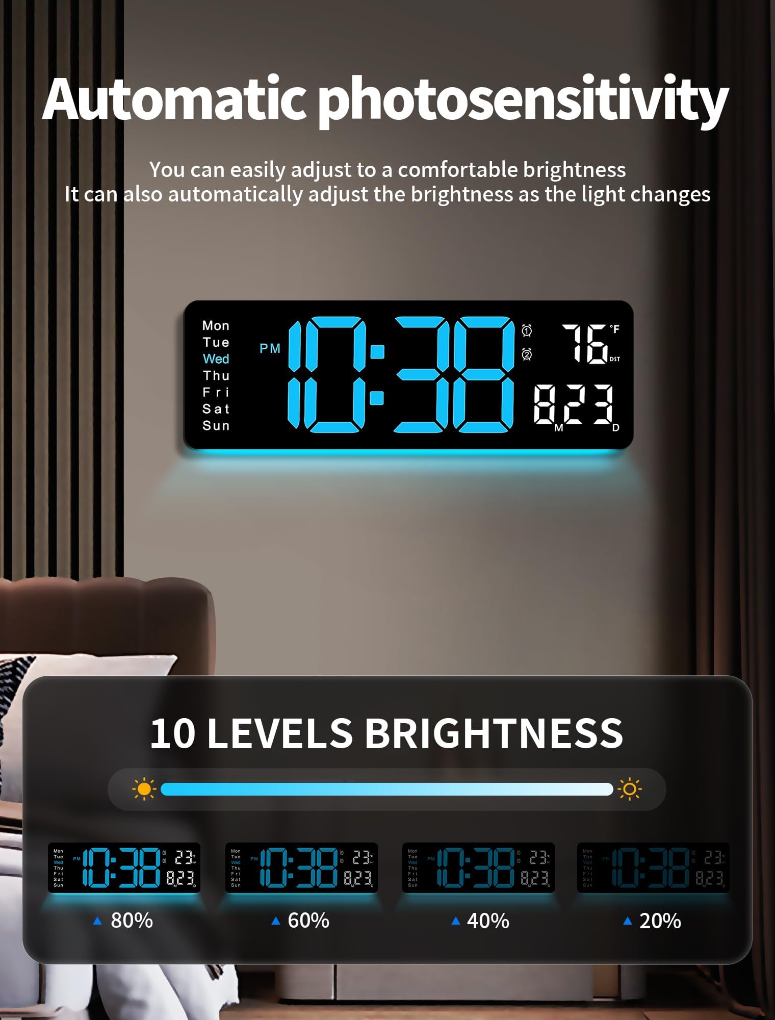 MASHI clock auto-dimming sensor adapts to ambient lighting conditions.
