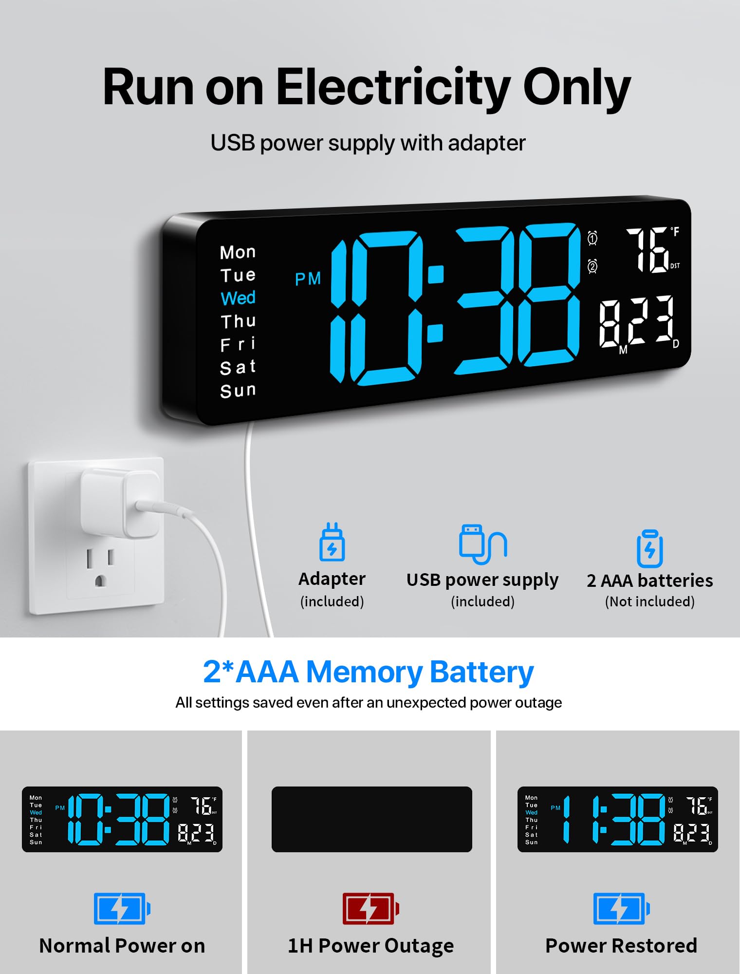 MASHI clock plugs into power with a long 11.5-foot cord.