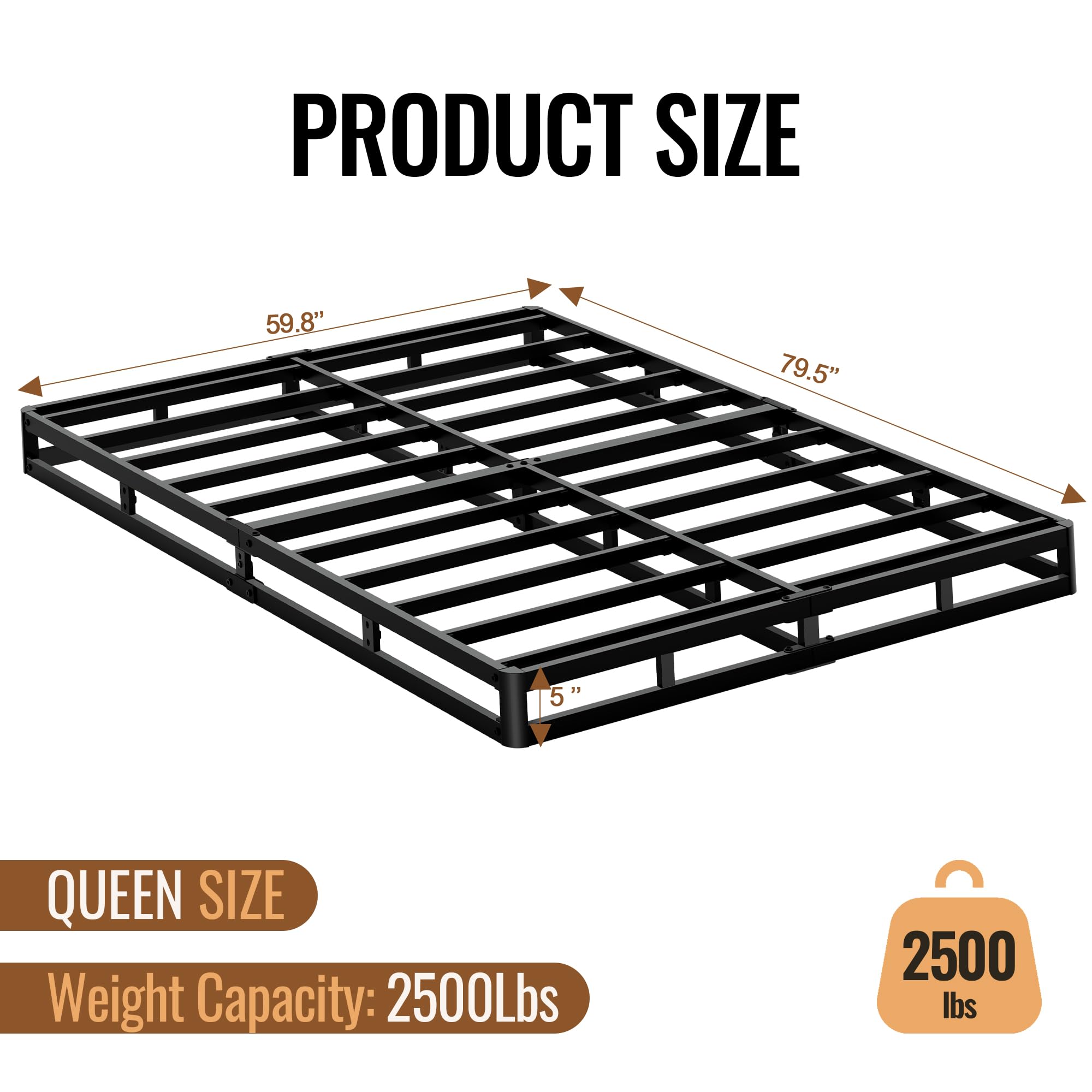 Mashomdec heavy-duty metal frame provides 2500lbs capacity for durable mattress foundation