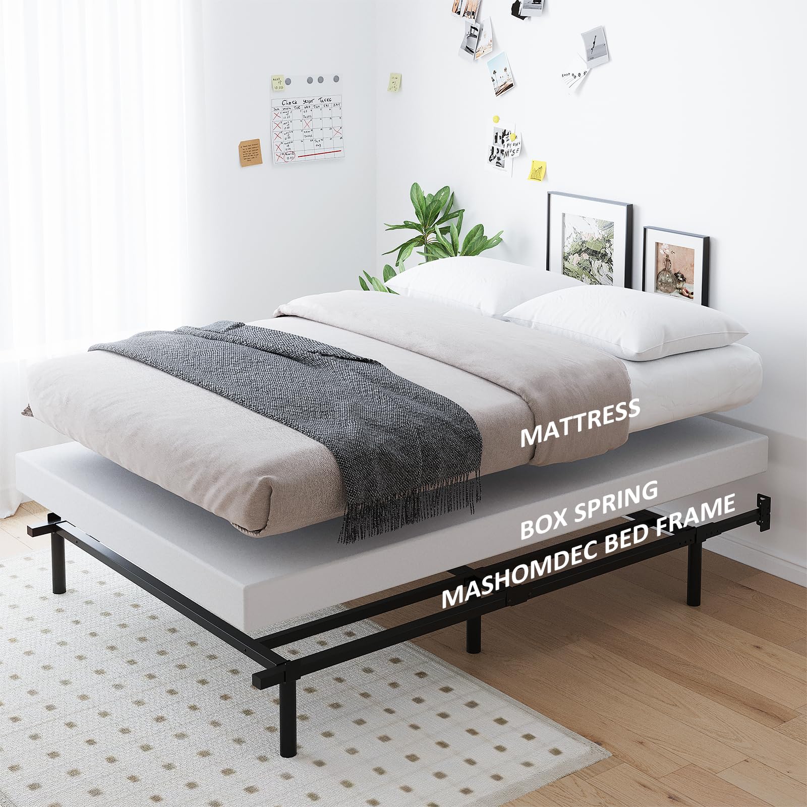 Mashomdec King bed frame bedroom scene demonstrates coordinated aesthetic with mattress and box spring.