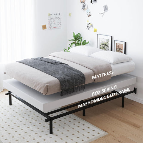 Mashomdec King bed frame bedroom scene demonstrates coordinated aesthetic with mattress and box spring.