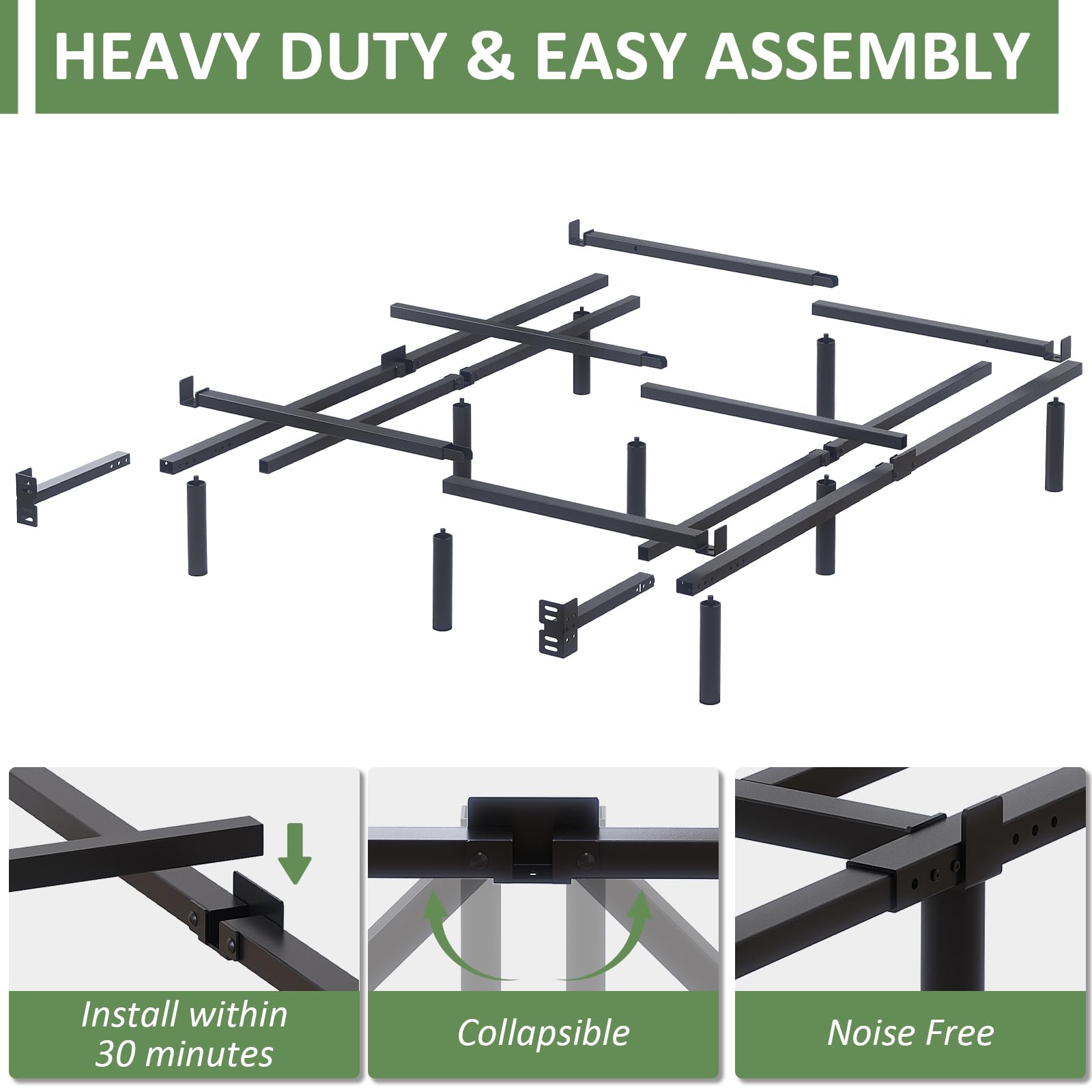 Mashomdec King bed frame center leg recessed for safer toe-stub free entry.