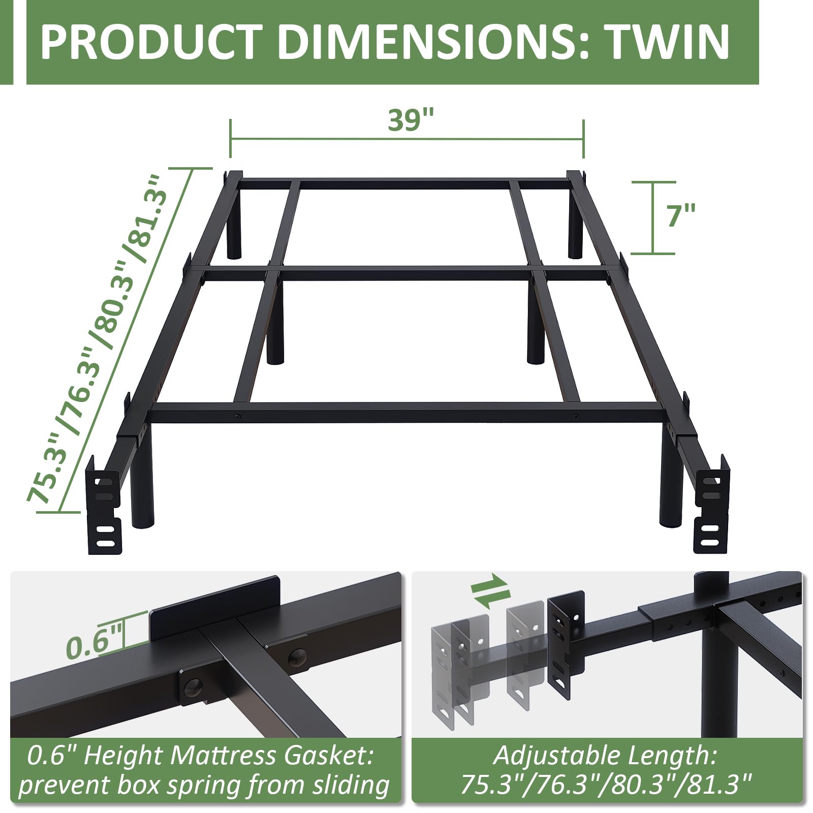 Mashomdec bed frame showing adjustable length feature for a precise fit.