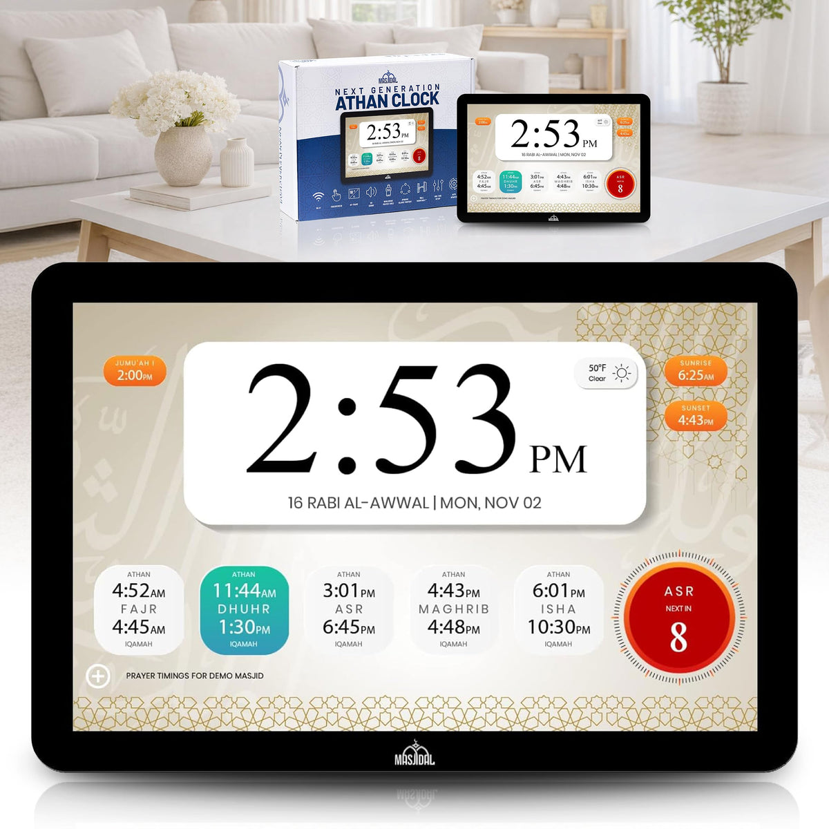 Masjidal 10-inch smart Azan clock displays clear time and options on the touchscreen.