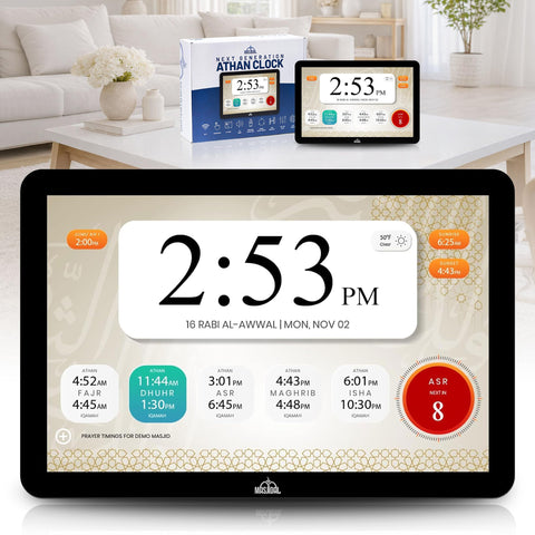 Masjidal 10-inch smart Azan clock displays clear time and options on the touchscreen.