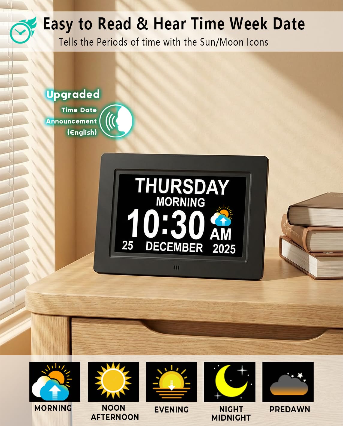 Massii 27-alarms-clock side view shows compact bedside design.