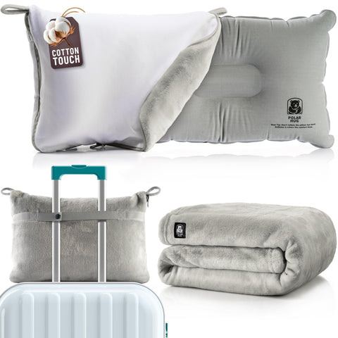 MasterManner travel blanket and pillow set shown together for long flights.