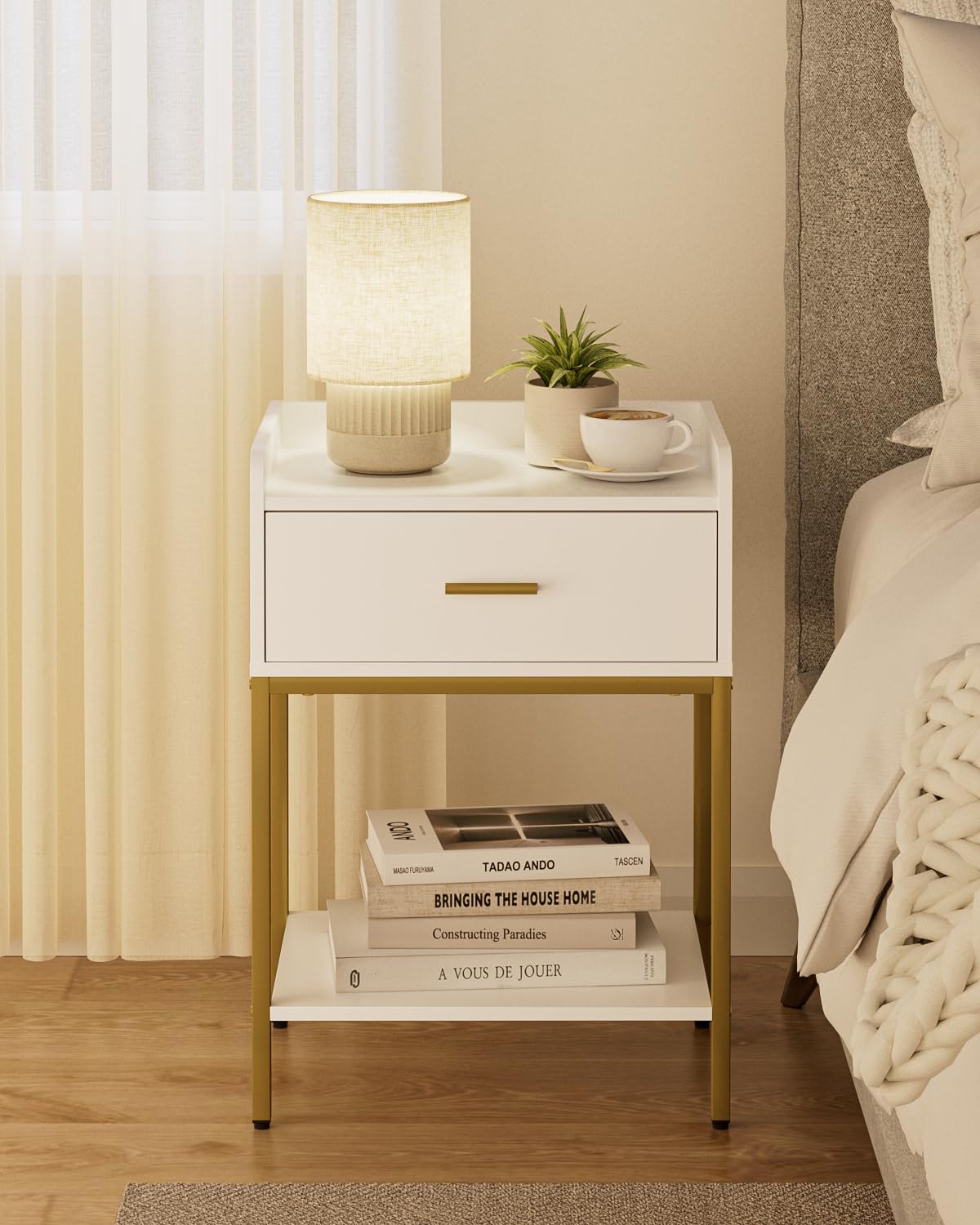Masupu nightstand with three-tier design and white finish, ideal for compact bedrooms.