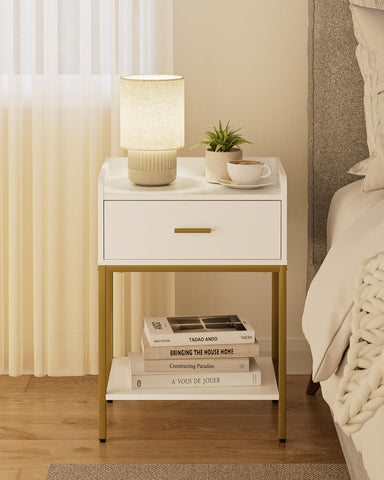 Masupu nightstand with three-tier design and white finish, ideal for compact bedrooms.