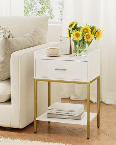 Masupu nightstand shown in bedroom setup suitable for bedside or living room.