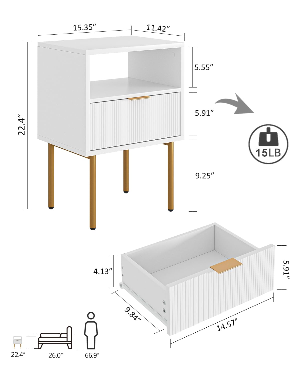 Bedroom setup featuring Masupu Nightstand complements mid-century decor.