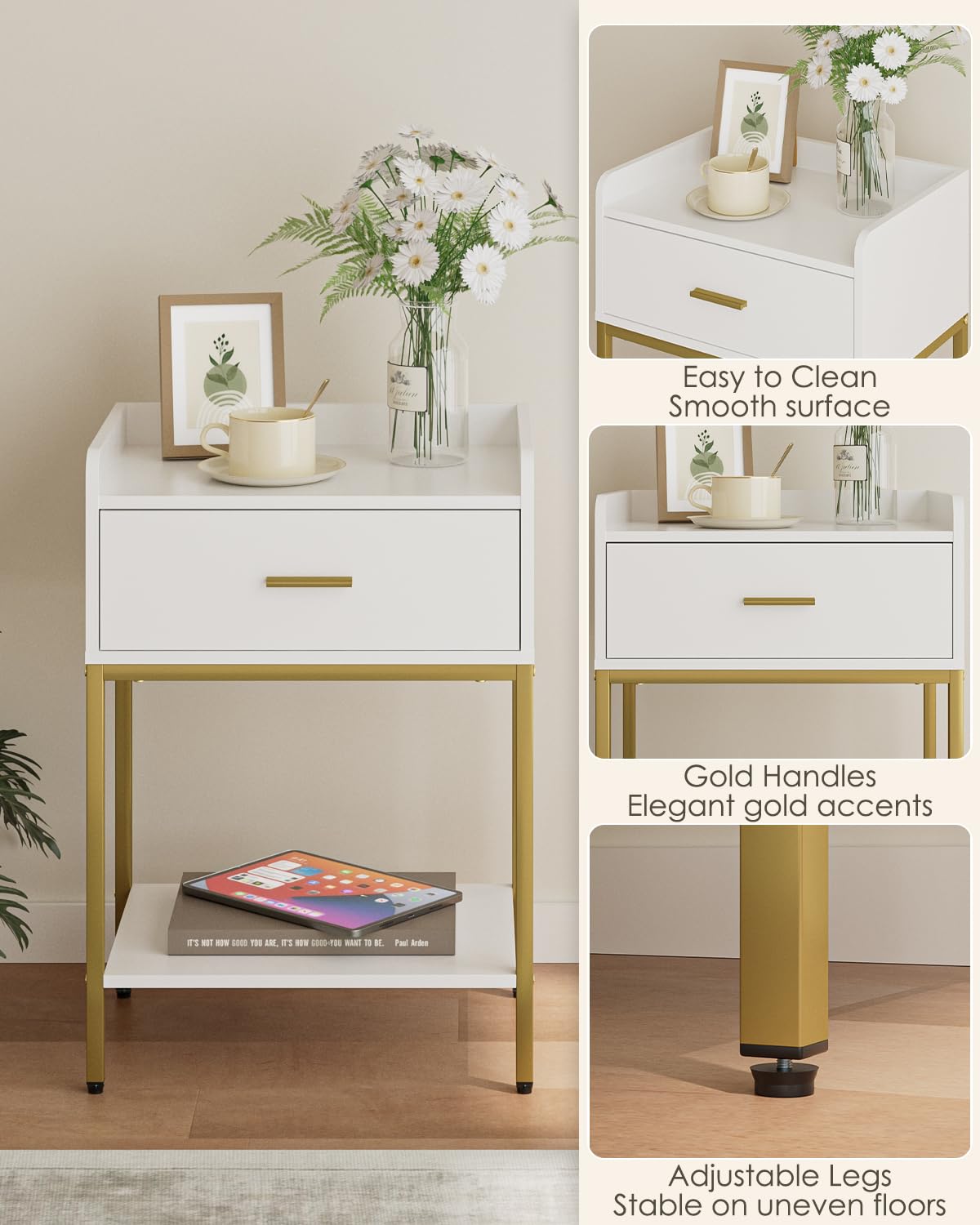 Masupu nightstand bottom shelf keeps magazines and devices organized.