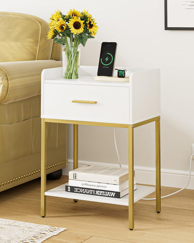 Masupu nightstand with charging station, bottom shelf ideal for remotes and books.