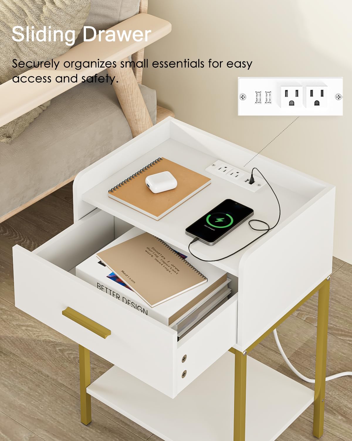 Masupu nightstand with charging station, drawer open revealing internal storage.
