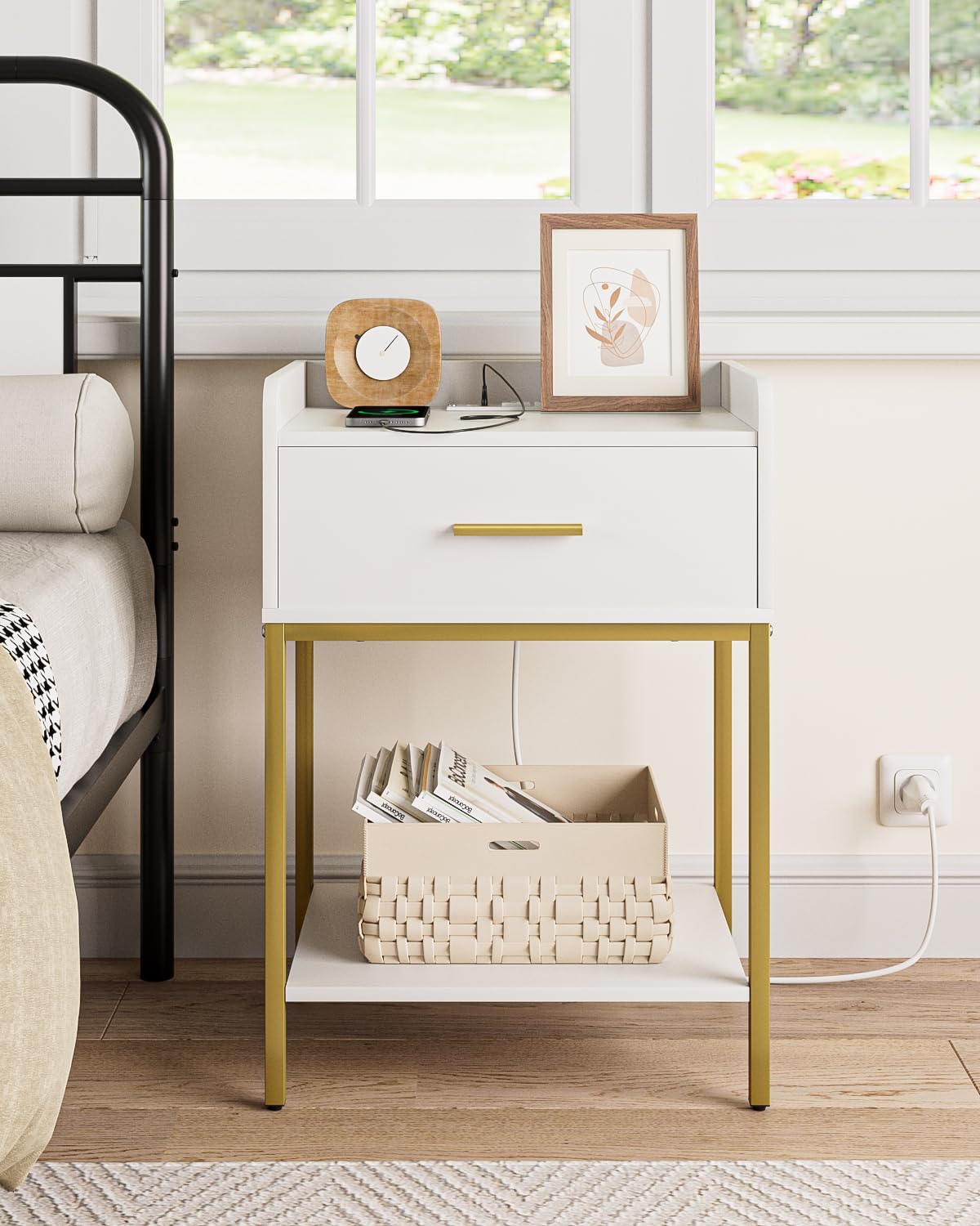 Masupu nightstand with charging station, front view showing convenient bedside storage and style.