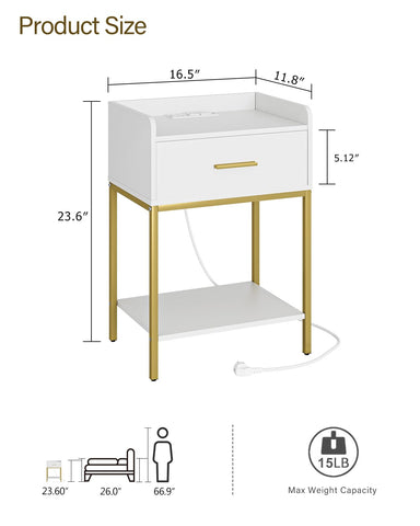 Masupu nightstand with charging station, right-side view highlighting compact footprint for small spaces.