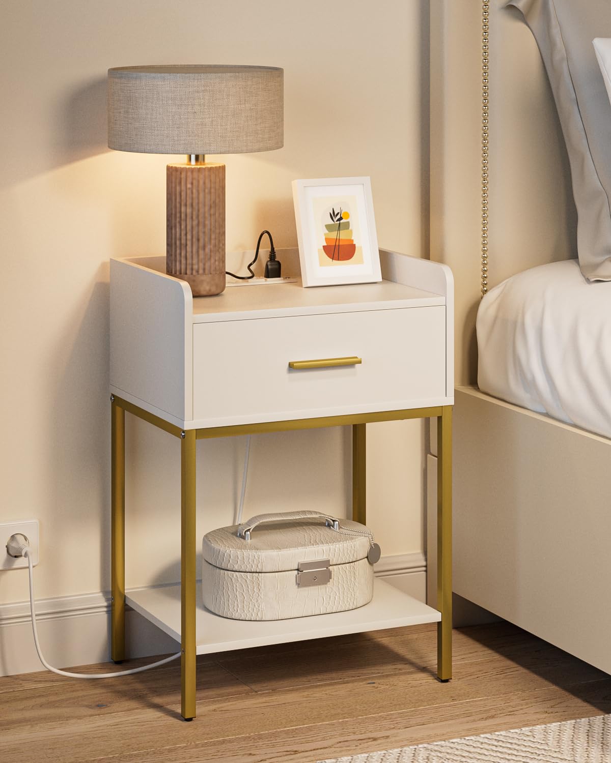 Masupu nightstand with charging station in a cozy bedroom setup.