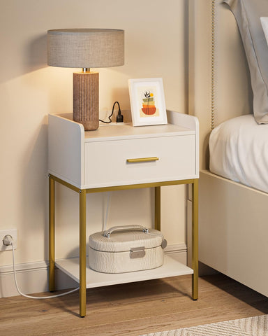 Masupu nightstand with charging station in a cozy bedroom setup.