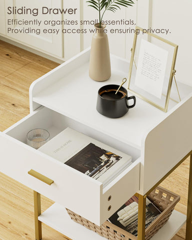 Masupu nightstand drawer open shows easy access to remotes and glasses.