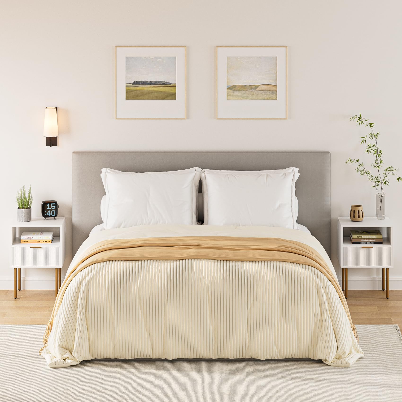 Durable MDF with gold legs balances strength and style.