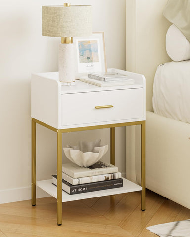 Masupu nightstand front view, white finish with gold frame adds contemporary elegance.