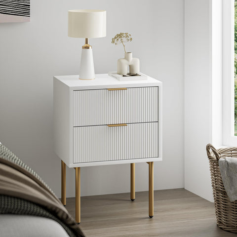 Masupu Nightstand two drawers top surface showing storage and surface space