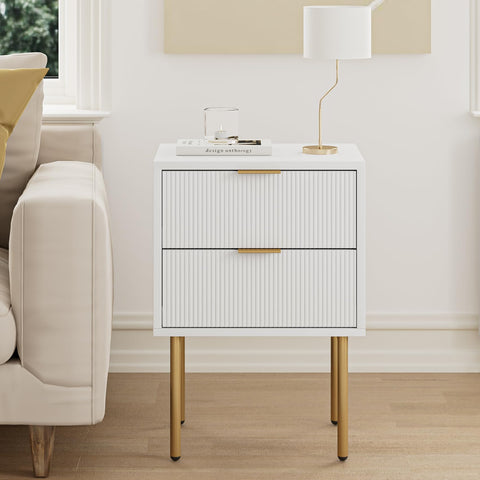 Masupu Nightstand front view in white with gold frame for a modern bedroom setup