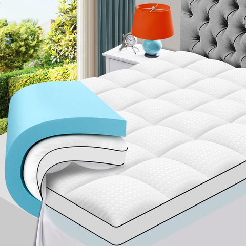 MASVIS queen size dual layer topper on bed delivering plush, cloud-like comfort.