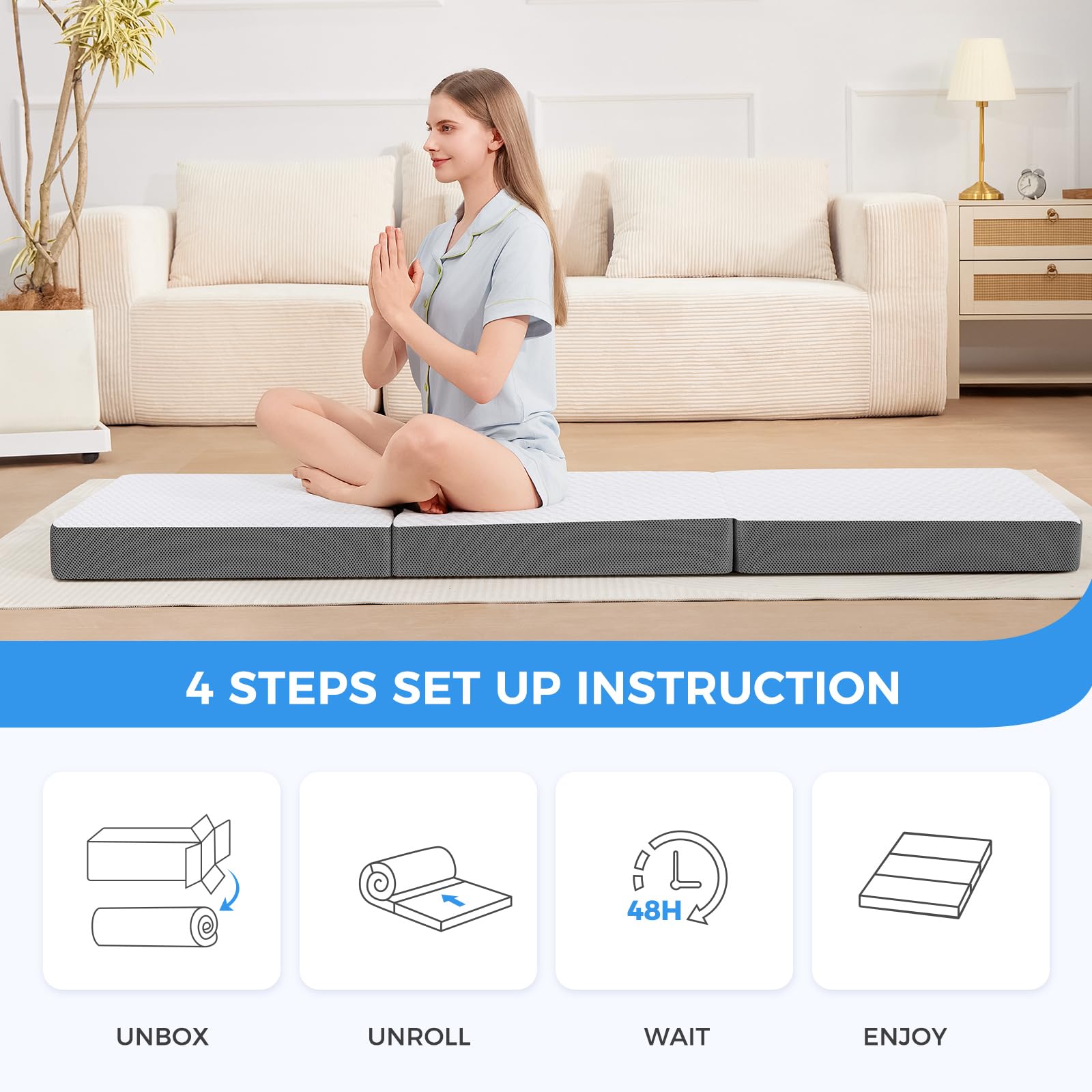 MASVIS Trifold Mattress shows memory foam layers providing pressure relief and support.