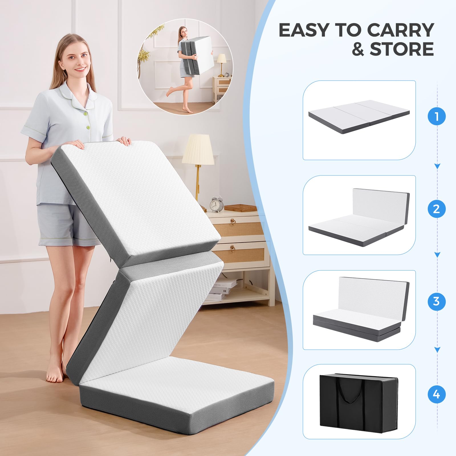 MASVIS Trifold Mattress opened for queen-size sleeping surface with memory foam comfort.
