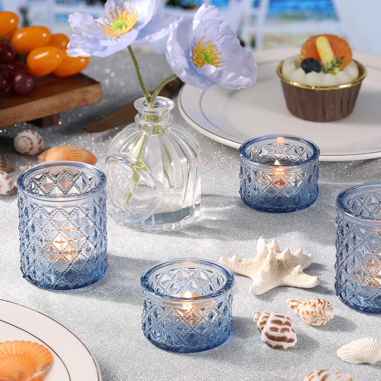 MATAHUM blue tealight holders beach theme setup with ocean vibes
