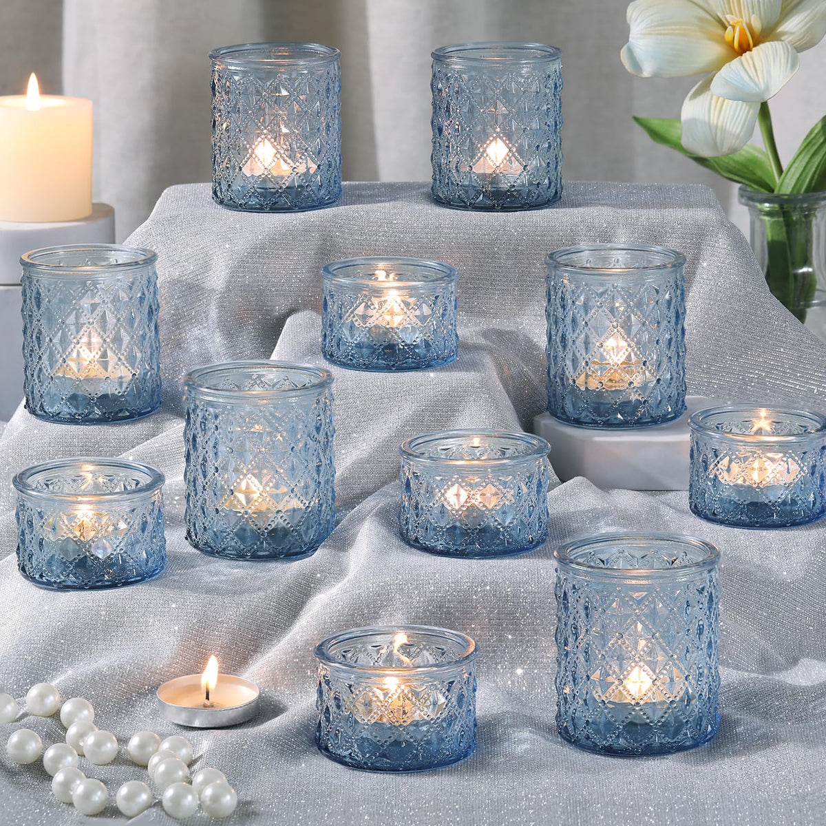 MATAHUM blue tealight holders show diamond design for dramatic centerpiece sparkle
