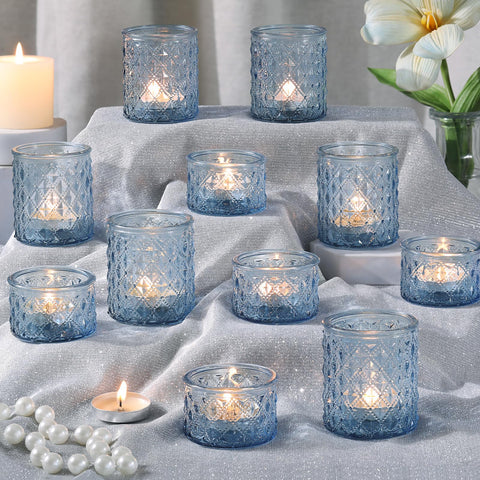 MATAHUM blue tealight holders show diamond design for dramatic centerpiece sparkle