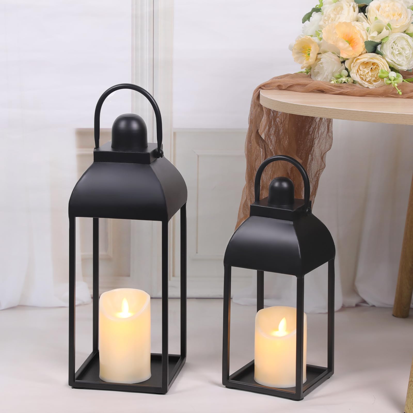 MATAHUM large black metal lantern for outdoor porches and indoor mantels