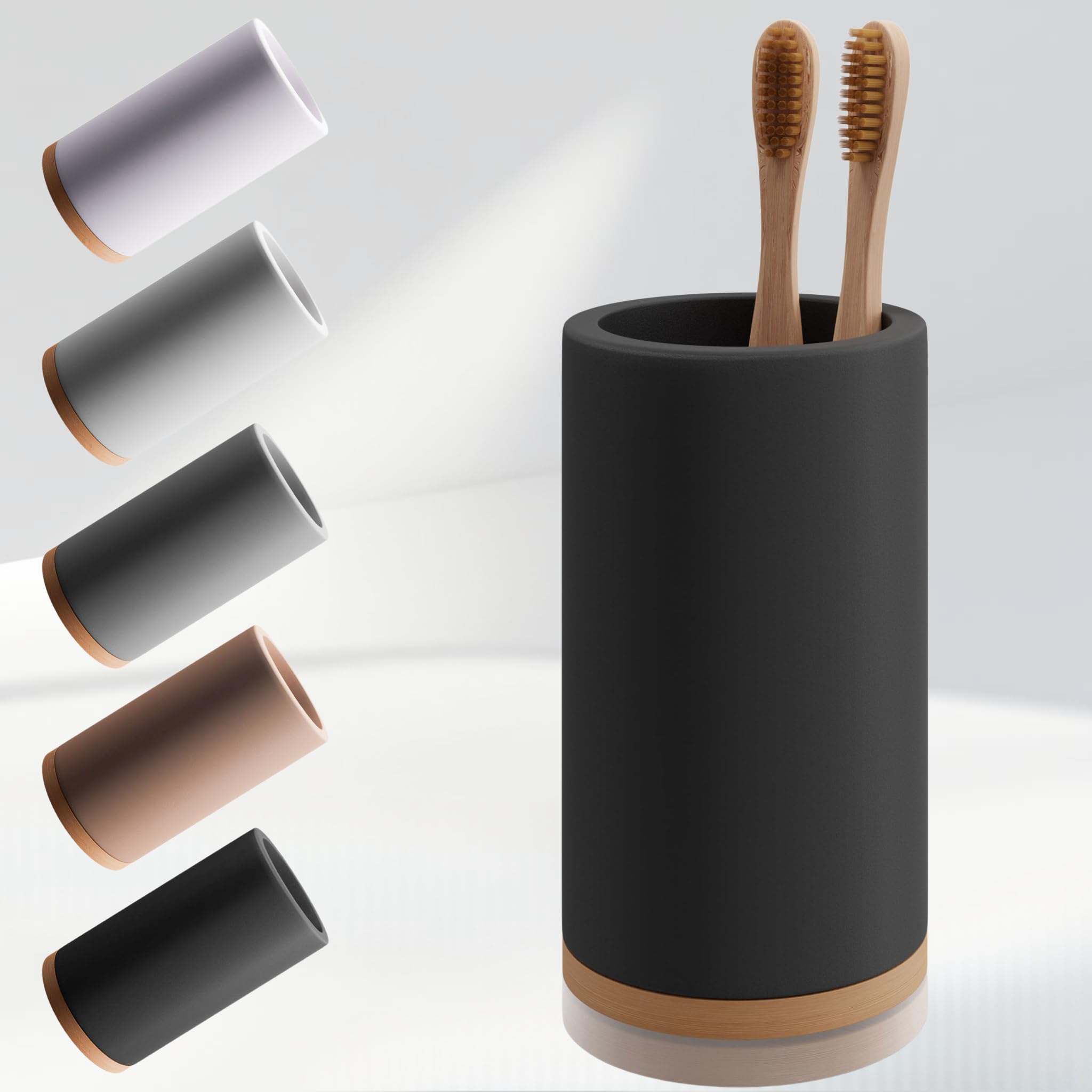 Matani bamboo toothbrush holder in full view, compact design keeps brushes dry.