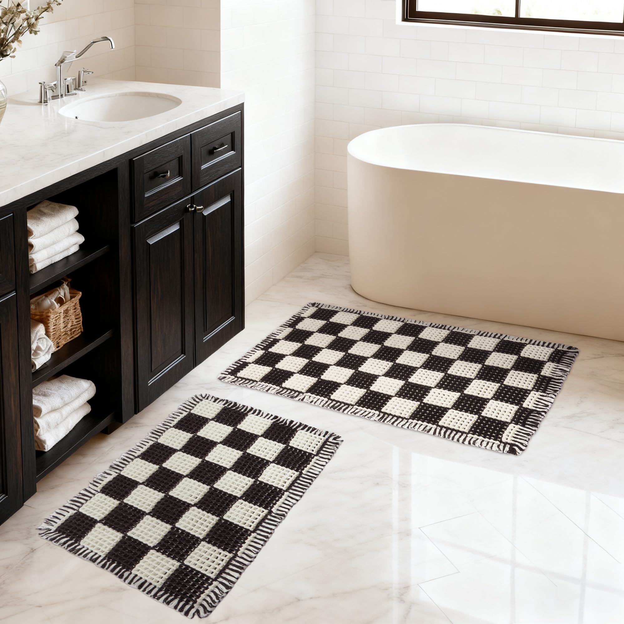 MatEssenz checkered bath mat set 17x24 with non-slip backing for safe vanity area.