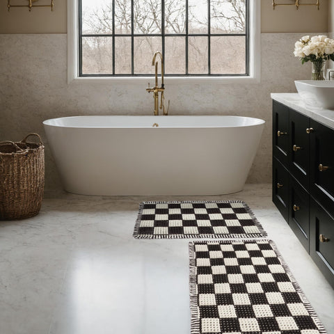 MatEssenz checkered bath mat set 18x30 placed outside shower for quick-drying floors.