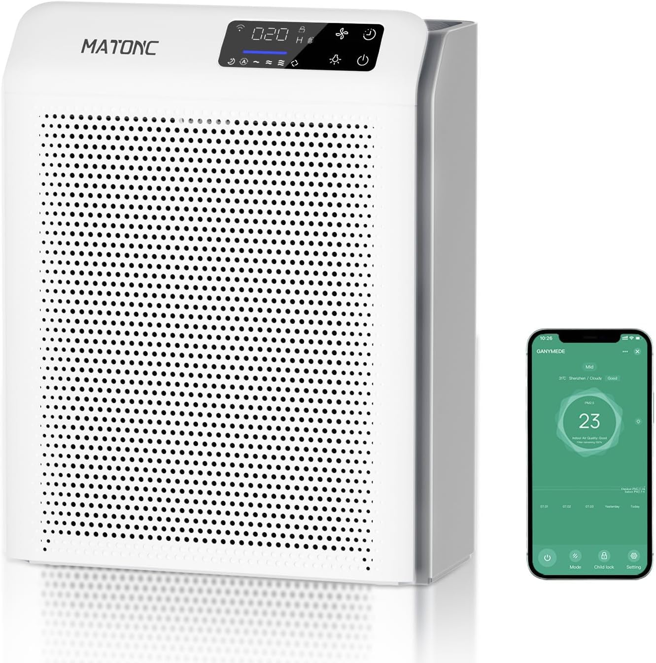 MATONC air purifier for large rooms up to 3500 ft2 improves air quality with smart app control.