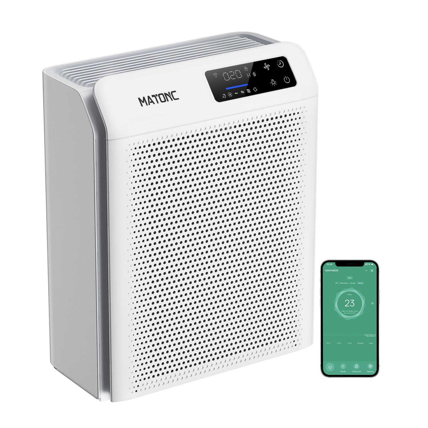 MATONC large-room air purifier front view showing broad coverage in a living space.