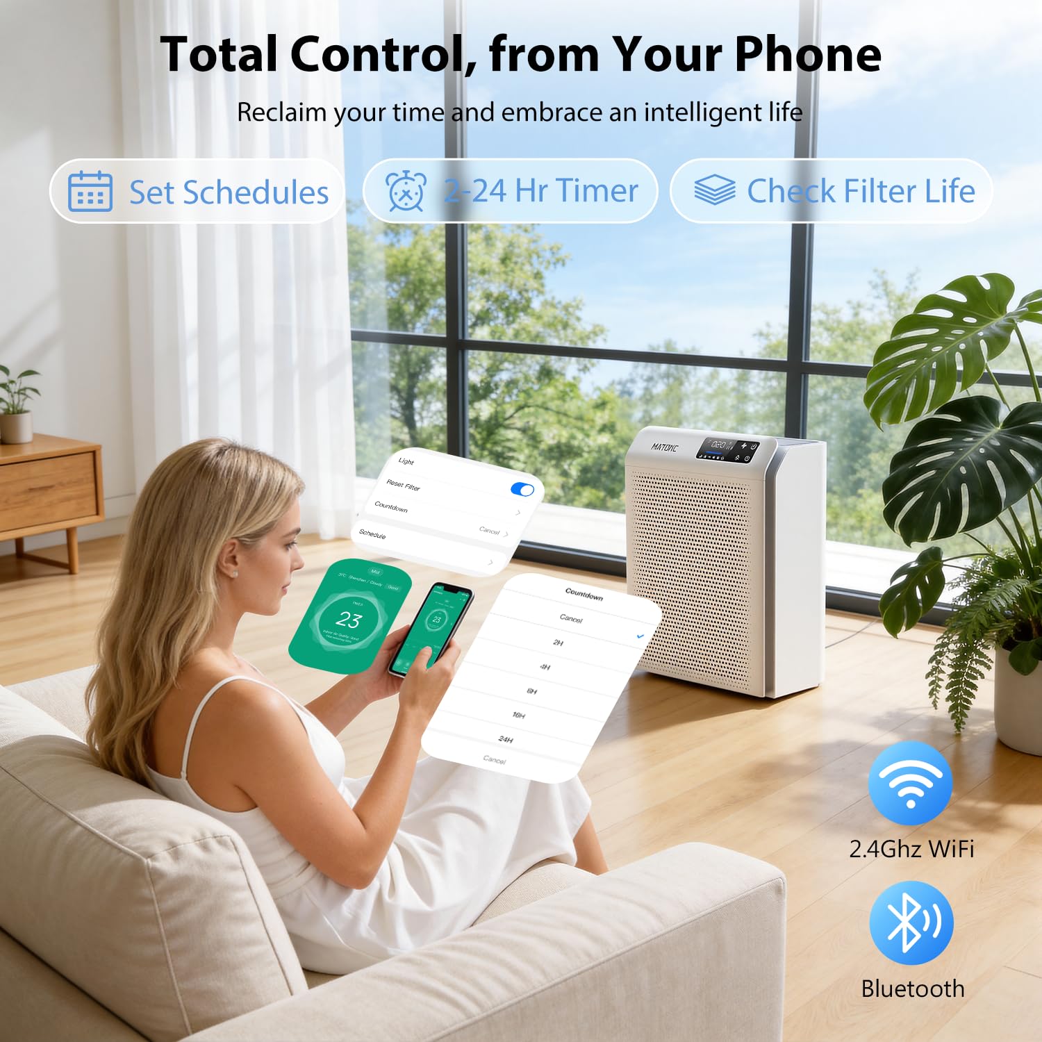 MATONC large-room purifier in Sleep Mode for ultra-quiet nighttime use.