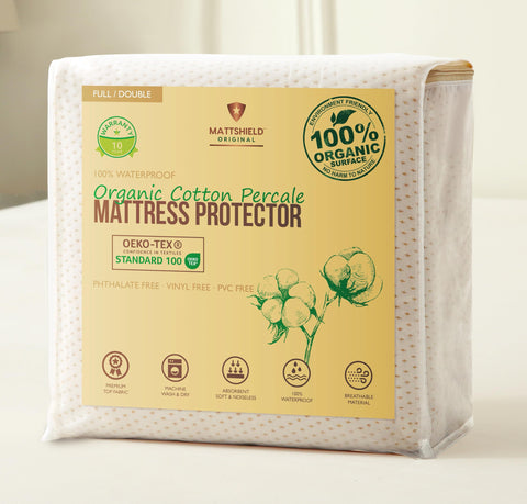 MATTSHIELD ORIGINAL deluxe cooling percale protector on bed surface for a crisp, cool sleep