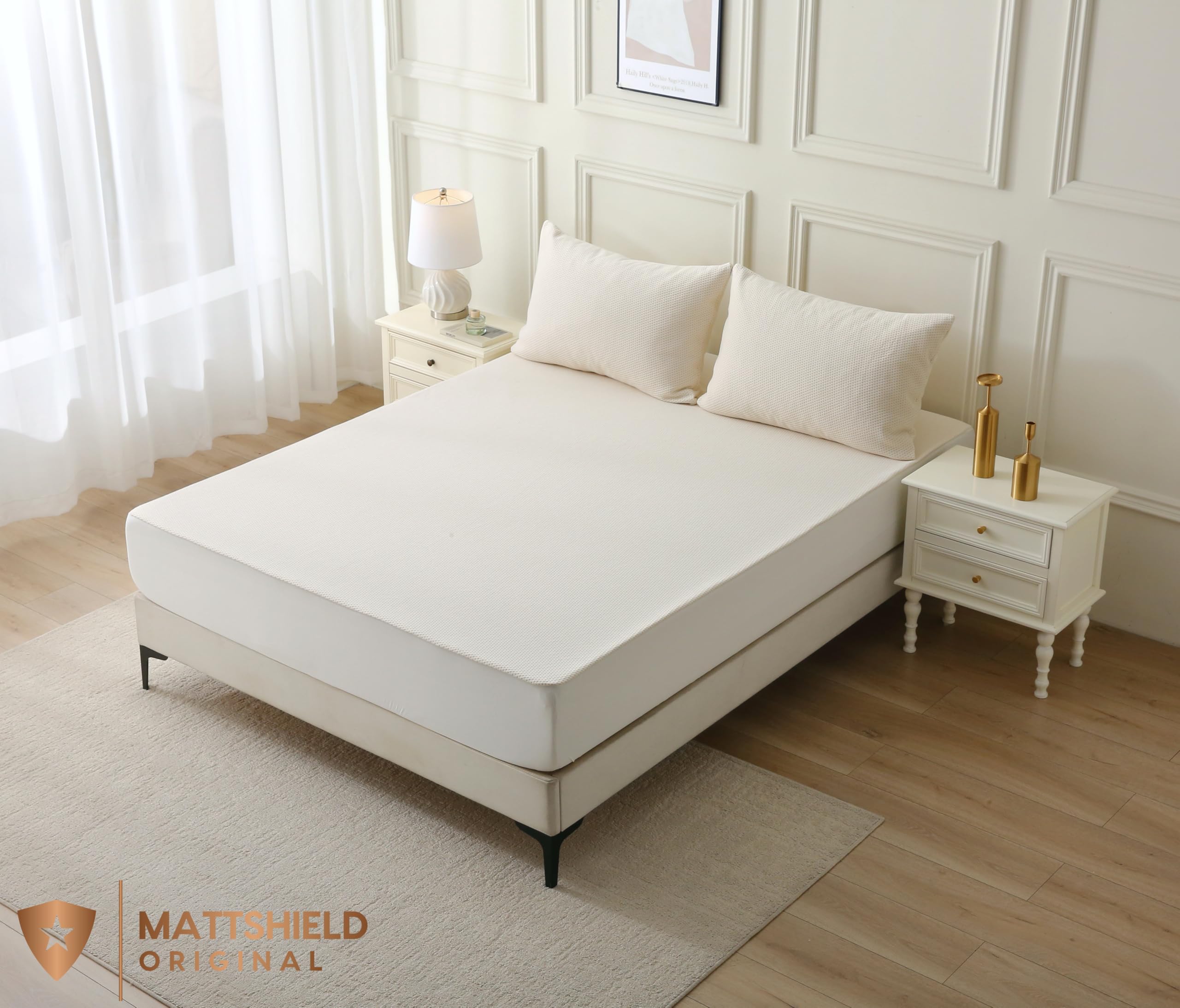 MATTSHIELD ORIGINAL waterproof TPU barrier illustrated under linens for spill protection