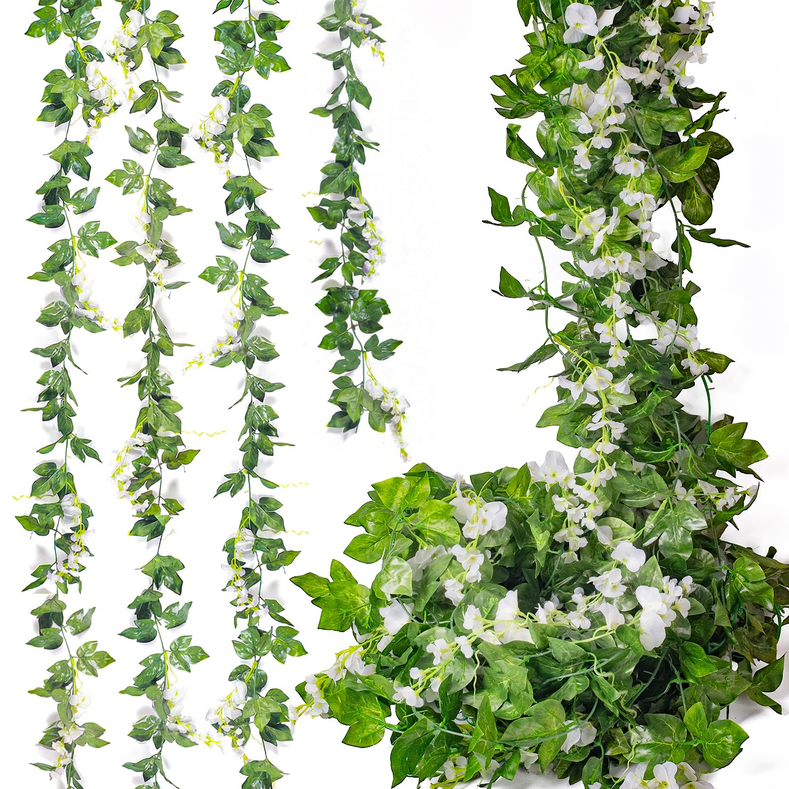 Mavee artificial wisteria vine close-up shows dense silk blooms and realistic leaves for elegant wedding arches.