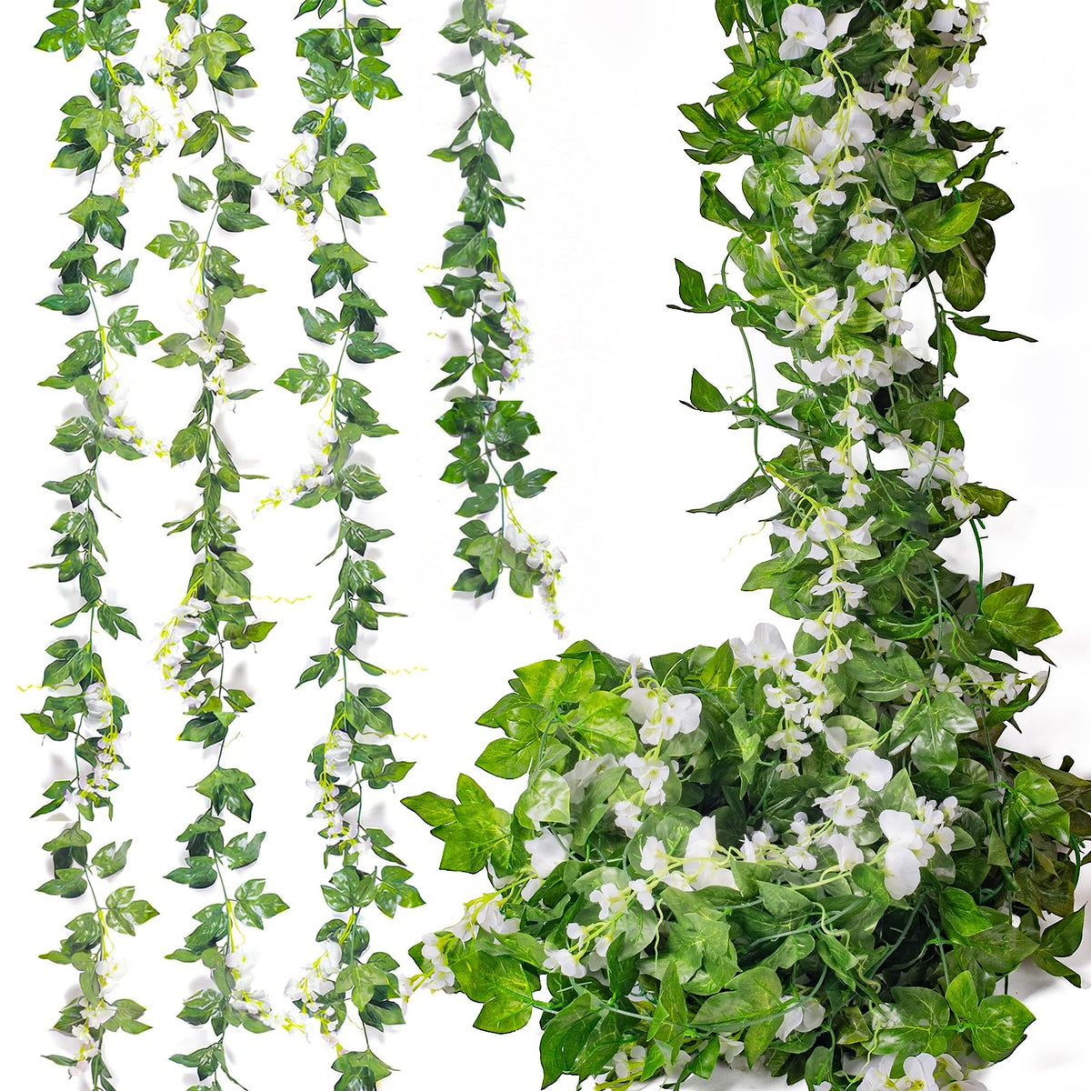 Mavee artificial wisteria vine close-up shows dense silk blooms and realistic leaves for elegant wedding arches.