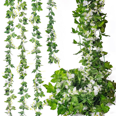 Mavee artificial wisteria vine close-up shows dense silk blooms and realistic leaves for elegant wedding arches.